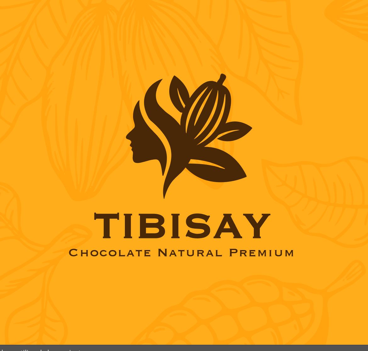 Logo de Tibisay sobre fondo naranja con motivo de hojas de cacao